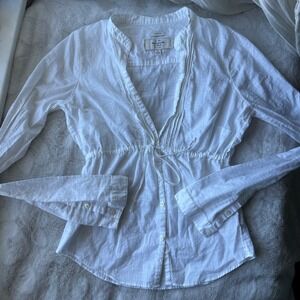 Y2K Sheer White Blouse Tie Waist Bow Button Down Deep V Neck
